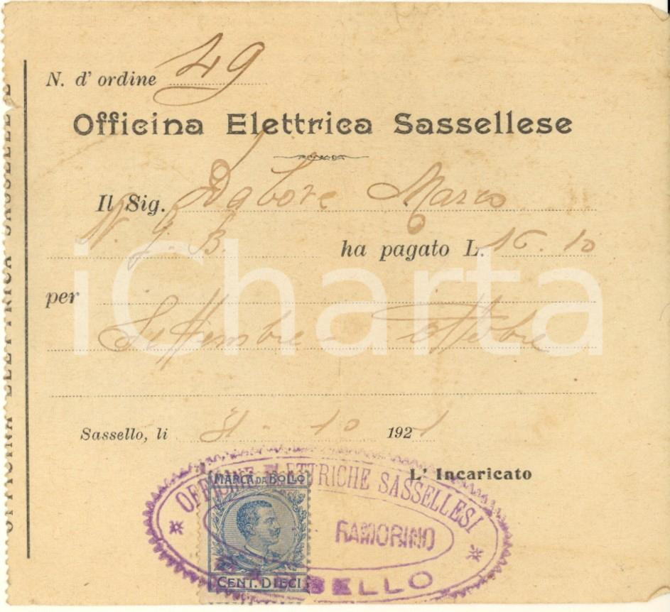 Documento originale, autentico 1921 SASSELLO SV Officina Elettrica Sassellese  Ricevuta per fornitura 1