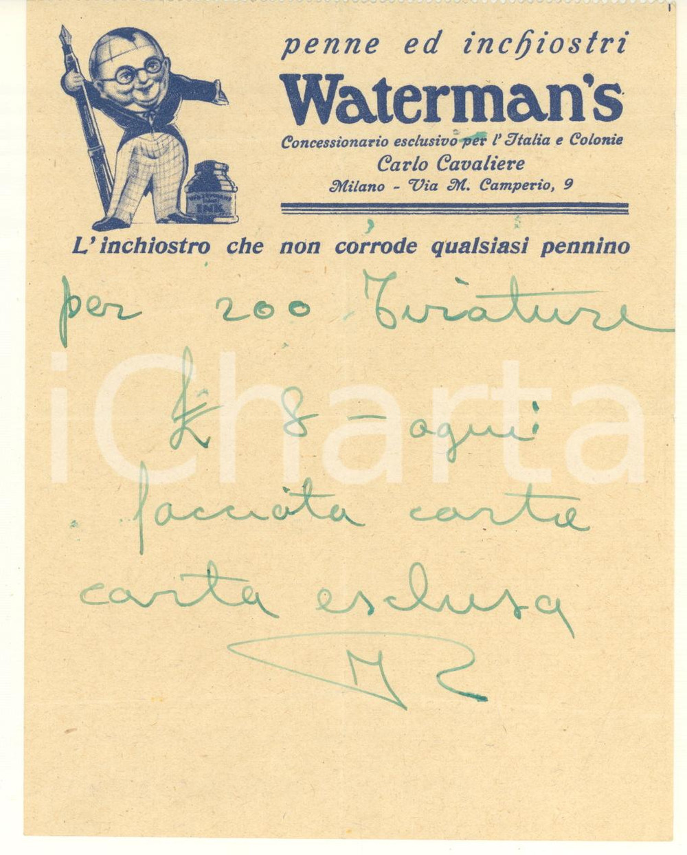 Materiale pubblicitario d’epoca 1960 ca MILANO Via Camperio 9 Penne e inchiostri WATERMAN S  Carlo Cavaliere 1