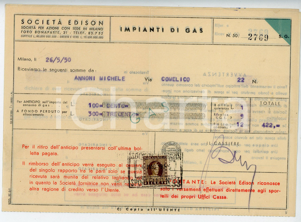Documento originale, autentico 1950 MILANO Foro Buonaparte 31 Società EDISON Ricevuta 21x15 cm 1