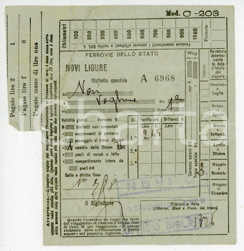 Oggetto da collezione cartaceo 1915 ca FERROVIE DELLO STATO Biglietto speciale NOVI LIGURE  VOGHERA 1