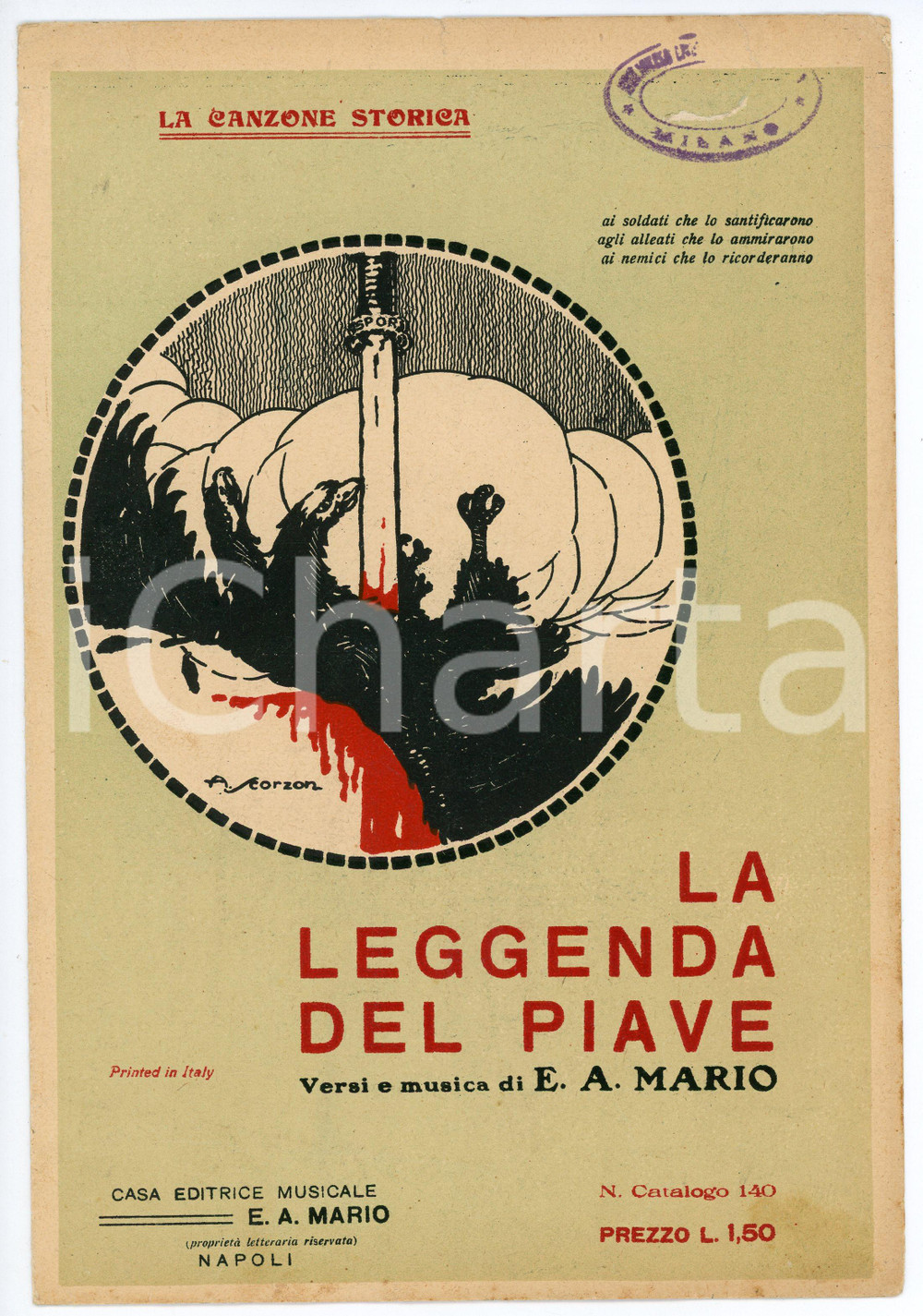 Oggetto da collezione cartaceo 1920 ca E. A. MARIO La leggenda del Piave  Spartito  Illustrazione A. SCORZON 1