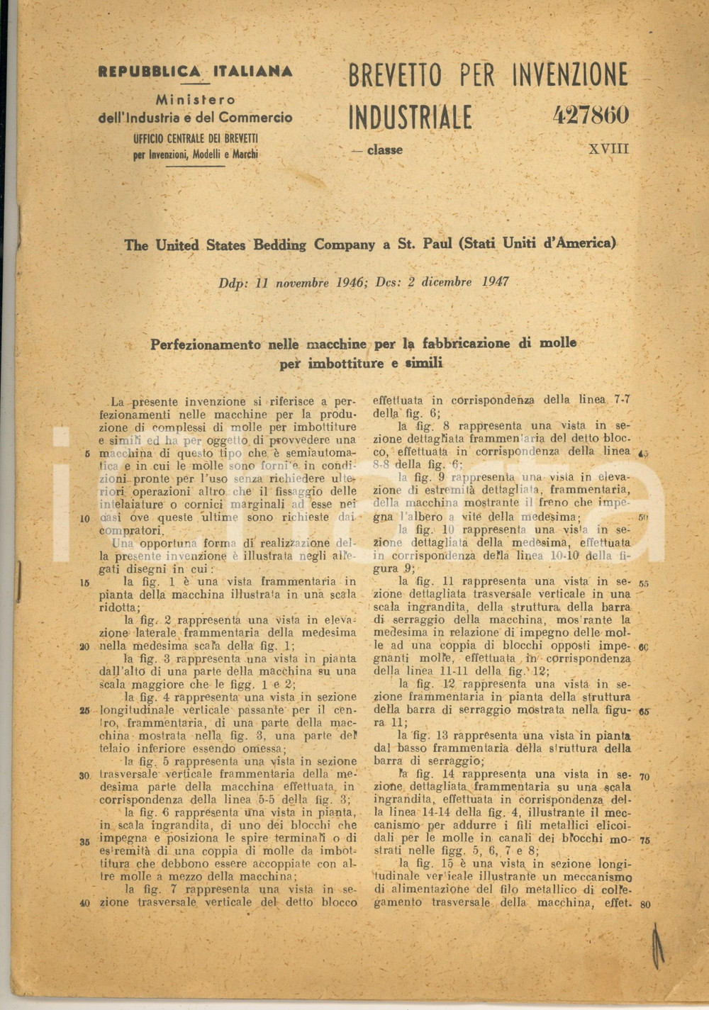 Documento originale, autentico 1946 ROMA Brevetto US BEDDING COMPANY  Macchine per molle imbottiture 1