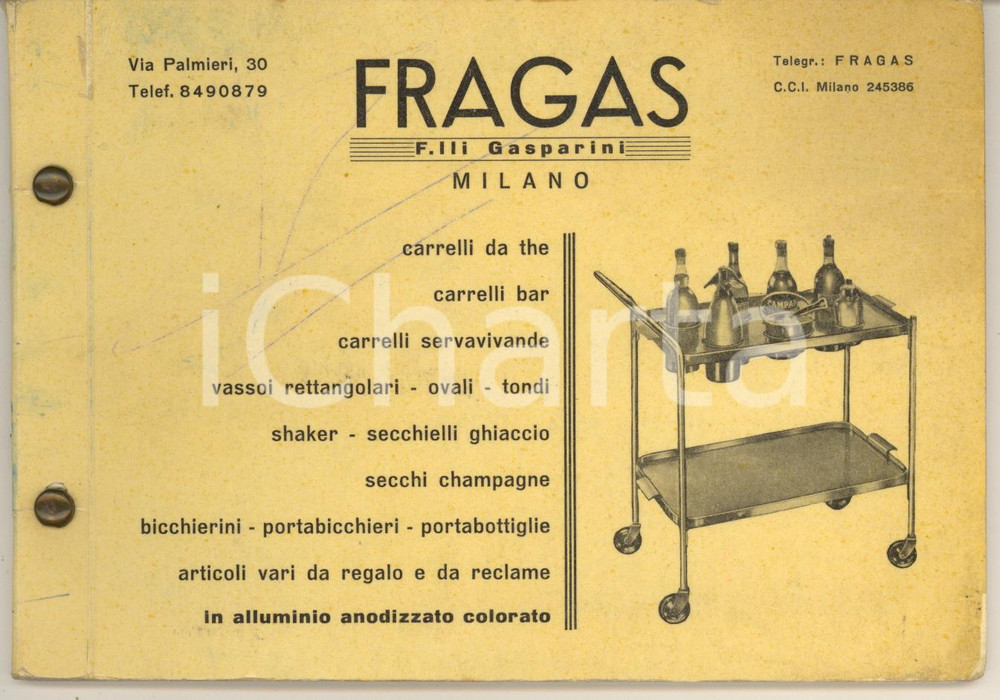Materiale pubblicitario d’epoca 1960 ca MILANO Via Palmieri 30 FRAGAS F.lli GASPARINI Carrelli bar Libretto 1