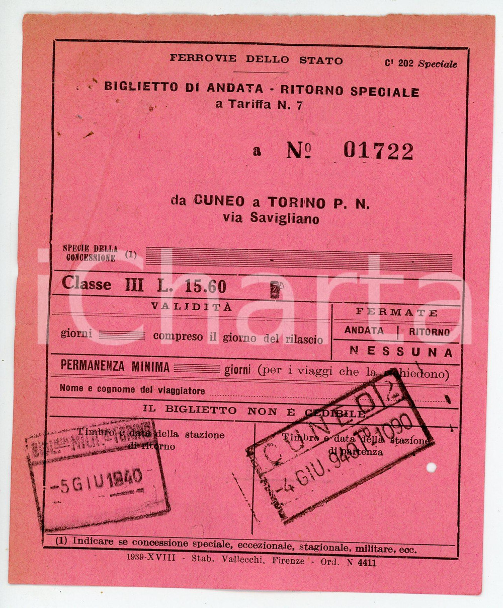 Oggetto da collezione cartaceo 1940 FERROVIE DELLO STATO Biglietto da CUNEO a TORINO PORTA NUOVA 1