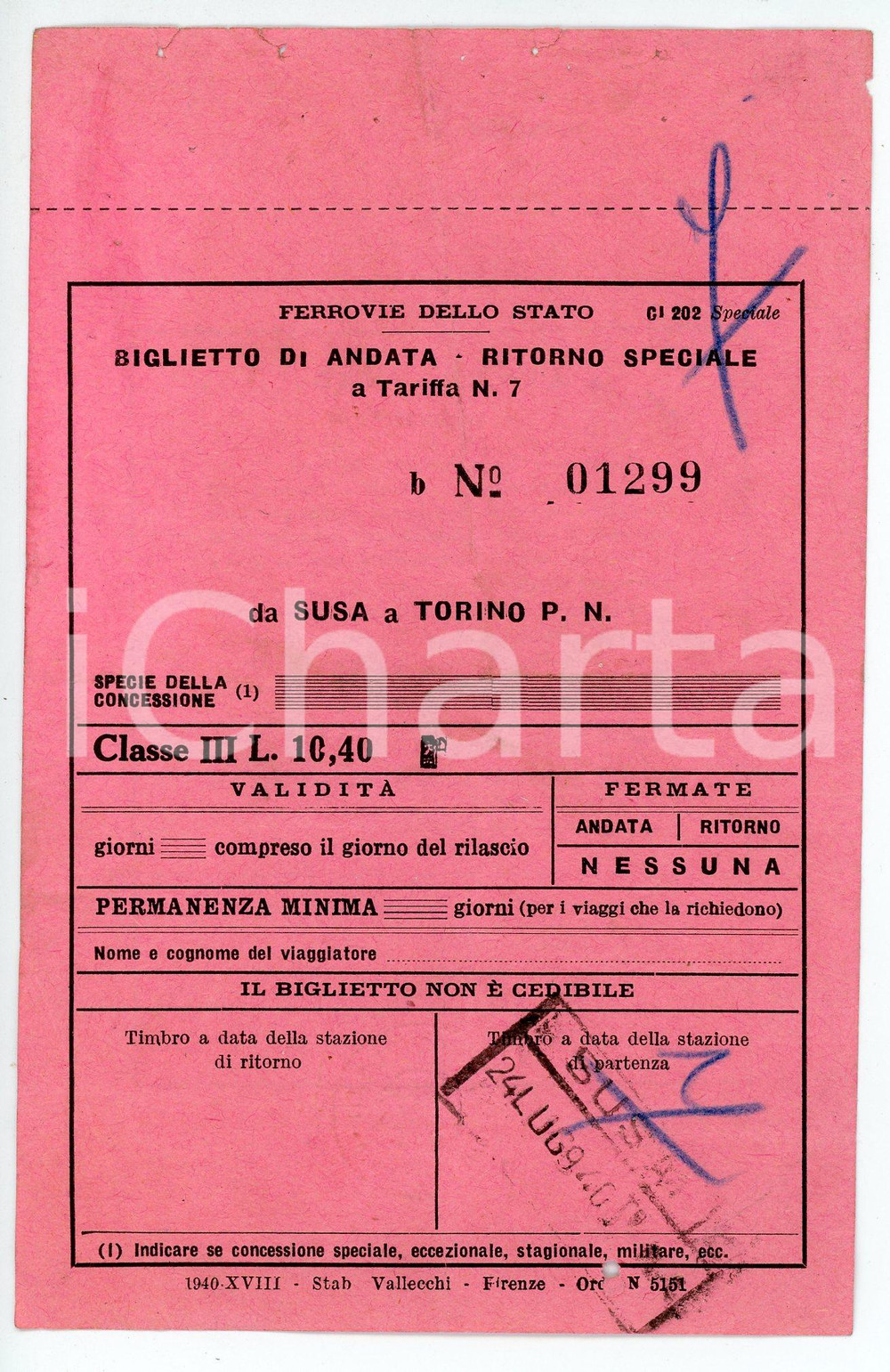 Oggetto da collezione cartaceo 1940 FERROVIE DELLO STATO Biglietto da SUSA a TORINO PORTA NUOVA 1