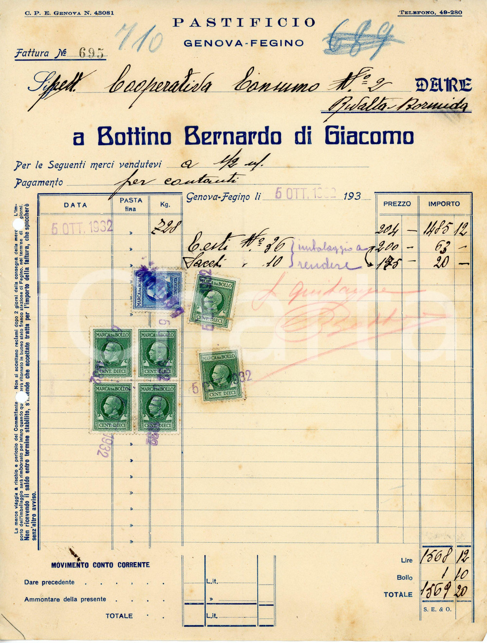 Documento originale, autentico 1932 GENOVA  FEGINO Pastificio Bernardo BOTTINO di Giacomo  Fattura 1