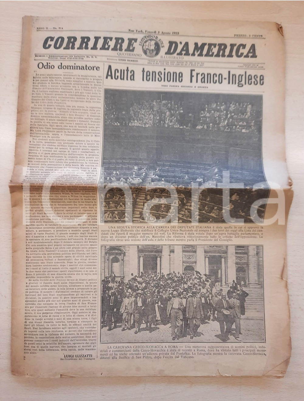 Giornale, rivista storica 1923 CORRIERE D AMERICA Partenza nave Giuseppe Verdi   Fondi Sacco e Vanzetti 1