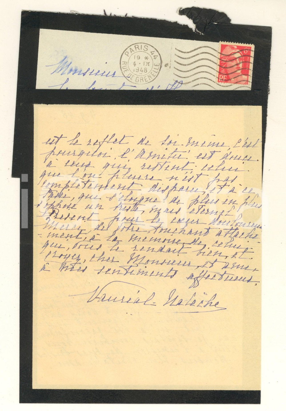 Autografo originale 1948 PARIS Julia de VAUREAL BANDY DE NALECHE a un vero amico Autografo 1