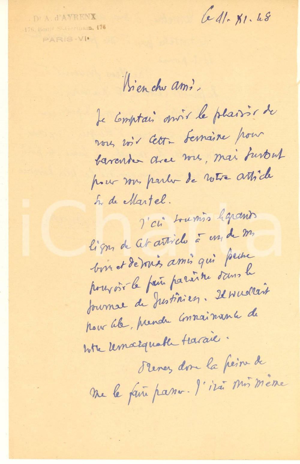 Autografo originale 1948 PARIS Lettera dr. Albert d AYRENX sull articolo di un amico  Autografo 1