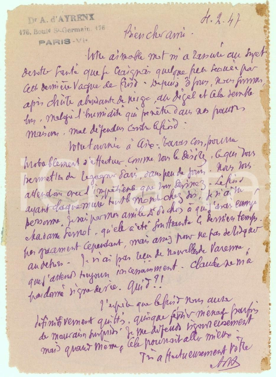 Autografo originale 1947 PARIS Lettera dr. Albert d AYRENX in un inverno freddo  Autografo 1