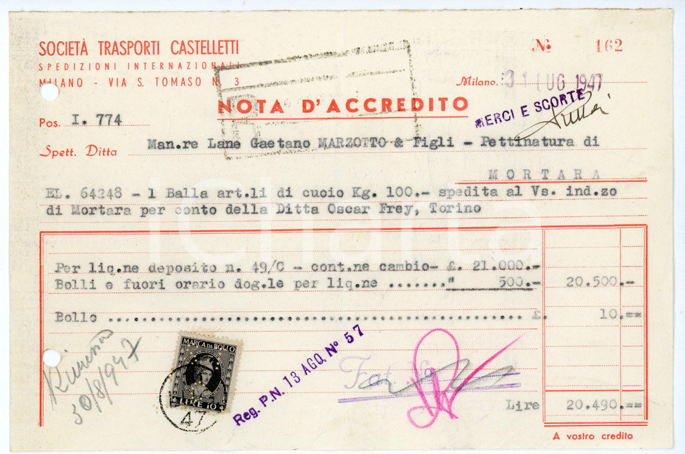 Documento originale, autentico 1947 MILANO Via S. Tomaso 3 Società Trasporti CASTELLETTI Nota d accredito 1