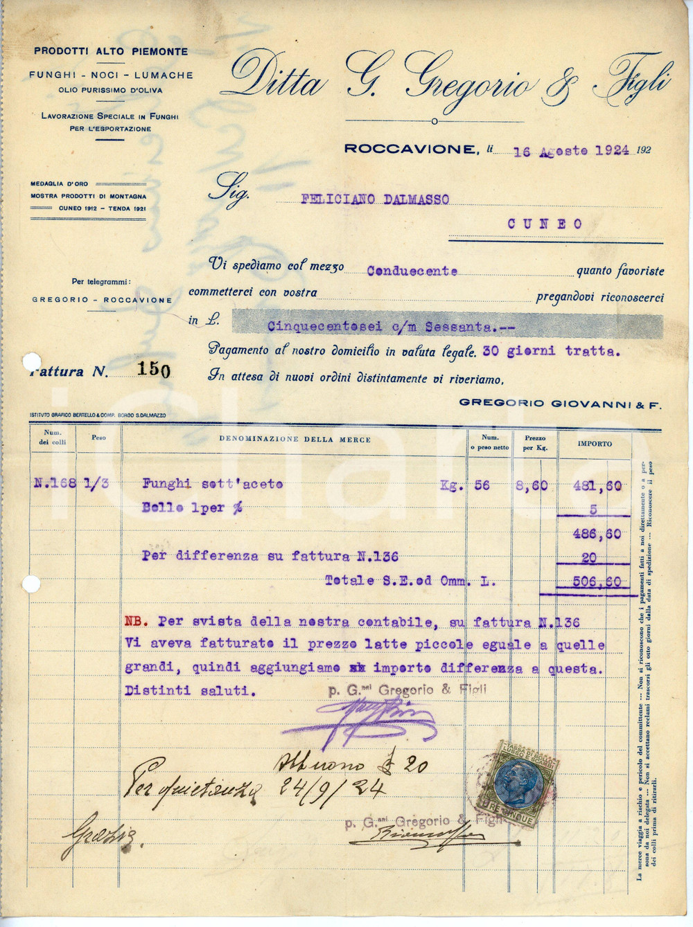 Documento originale, autentico 1924 ROCCAVIONE Ditta G. GREGORIO Prodotti Alto Piemonte  Fattura per funghi 1