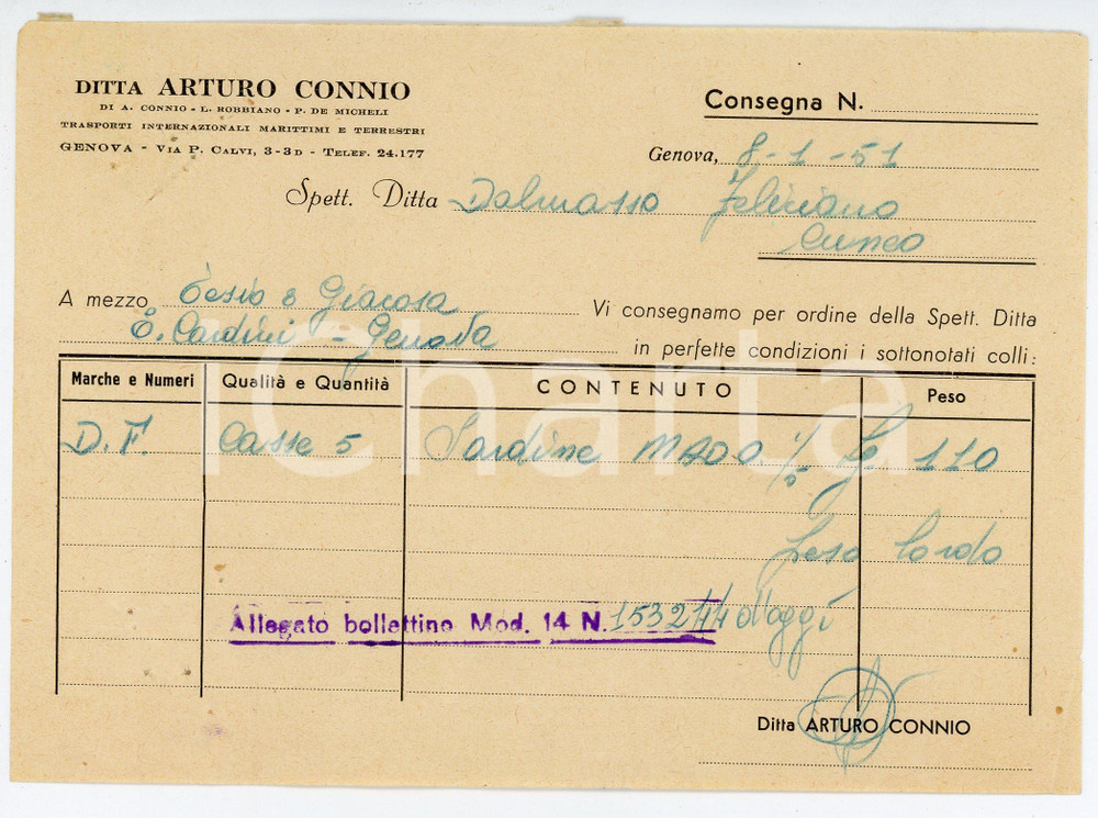 Documento originale, autentico 1951 GENOVA Via P. Calvi 33D Ditta Arturo CONNIO Bolla di consegna sardine 1