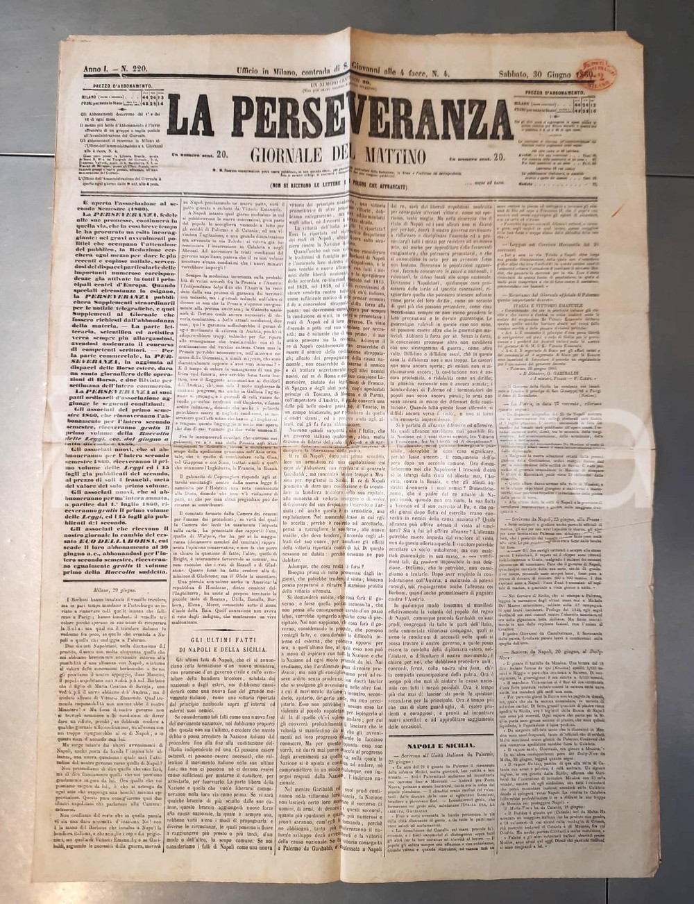 Giornale, rivista storica 1860 MILANO LA PERSEVERANZA  I Borbone con il tricolore a Napoli Giornale 1