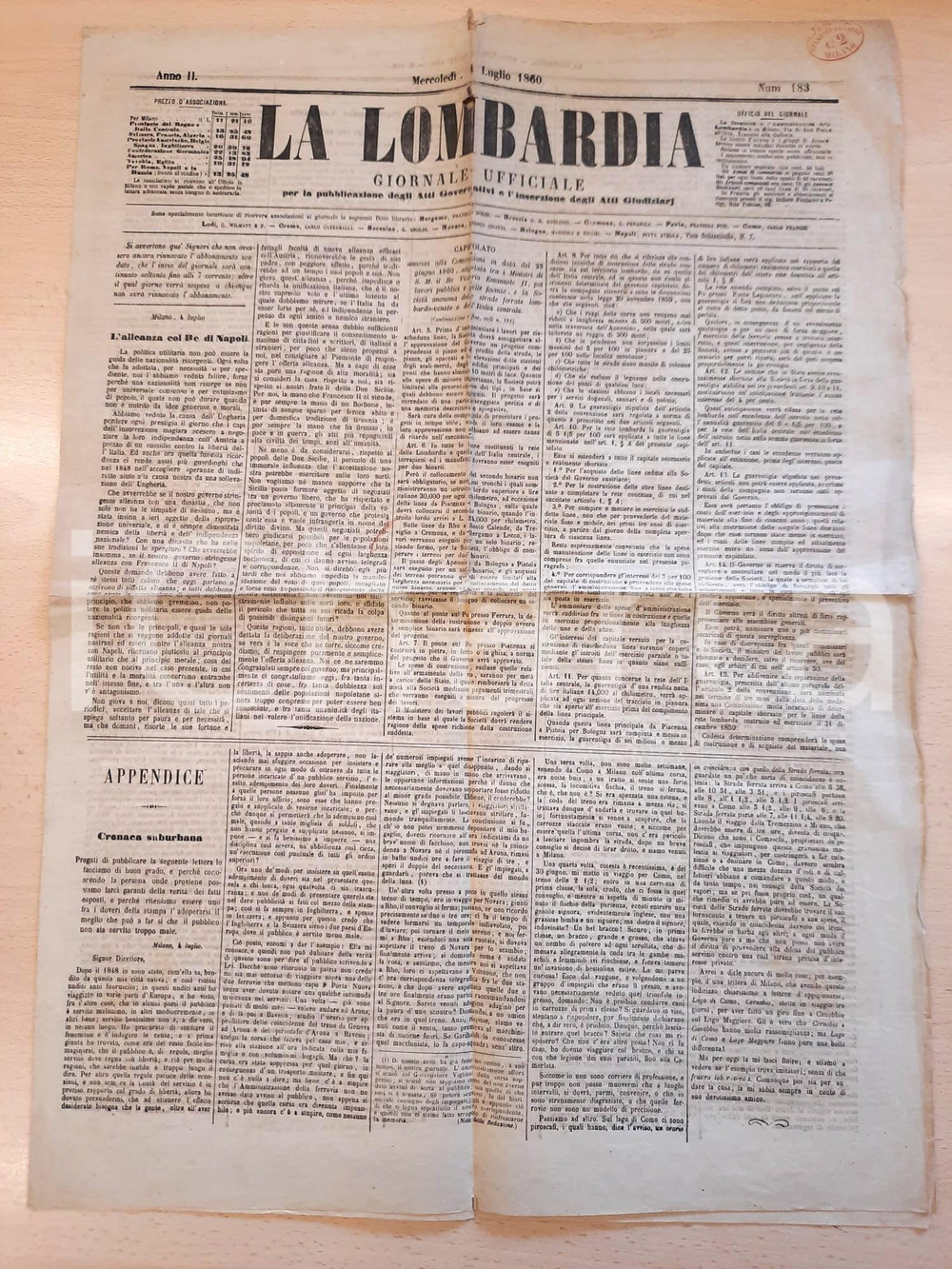 Giornale, rivista storica 1860 MILANO LA LOMBARDIA Alleanza con il re di Napoli  Risorgimento Giornale 1