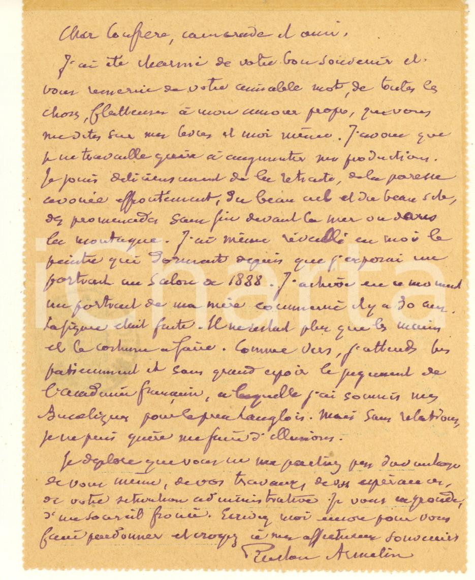 Autografo originale 1921 PARIS Gaston ARMELIN ricorda di avere esposto al Salon 1888 AUTOGRAFO 1