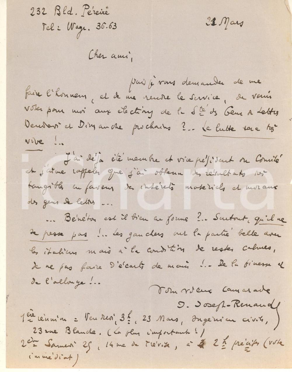 Autografo originale 1948  PARIS JeanJoseph RENAUD chiede voti per Société Gens de Lettres AUTOGRAFO 1