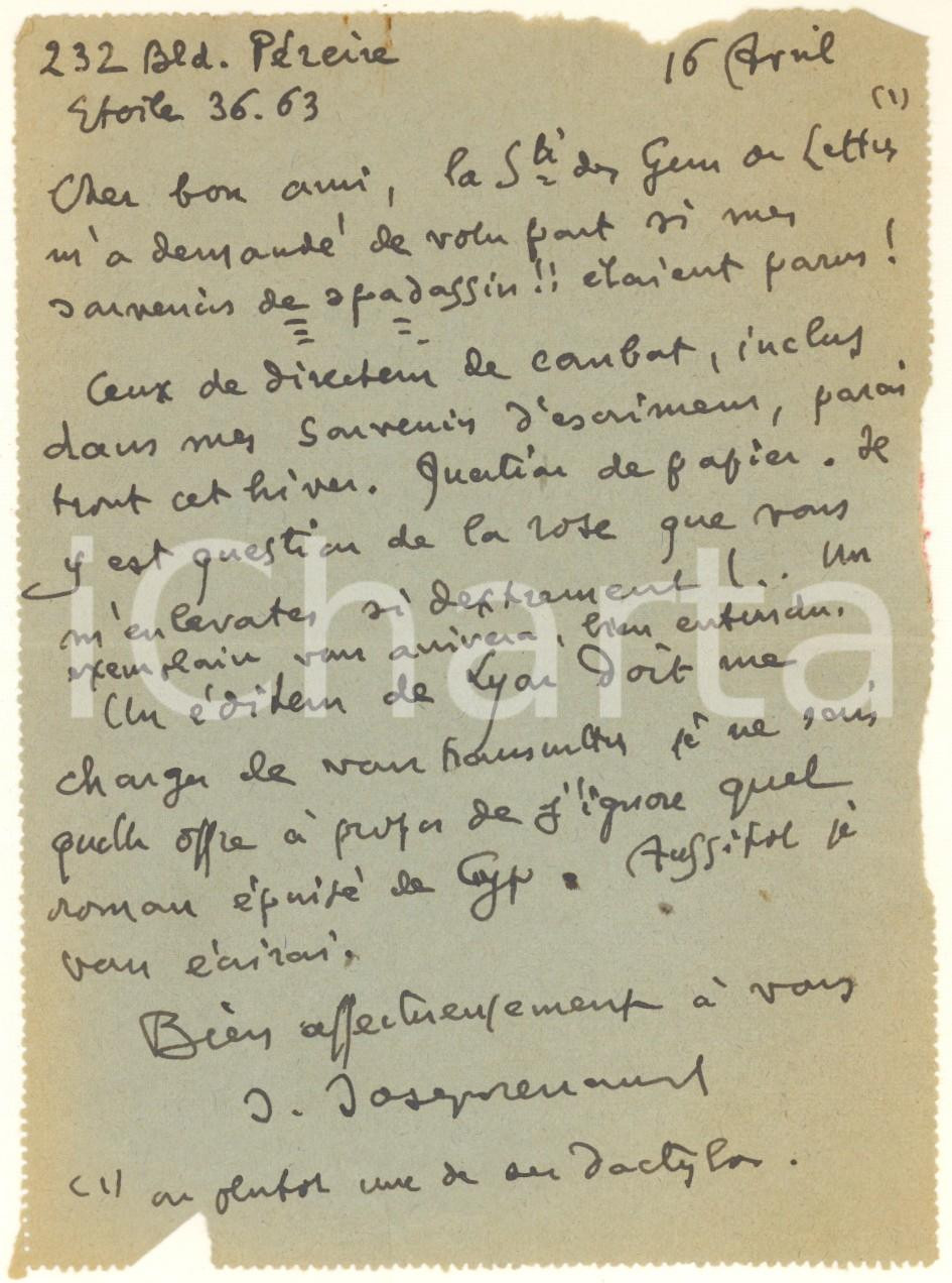 Autografo originale 1948 PARIS JeanJoseph RENAUD prepara le memorie da schermidore AUTOGRAFO 1