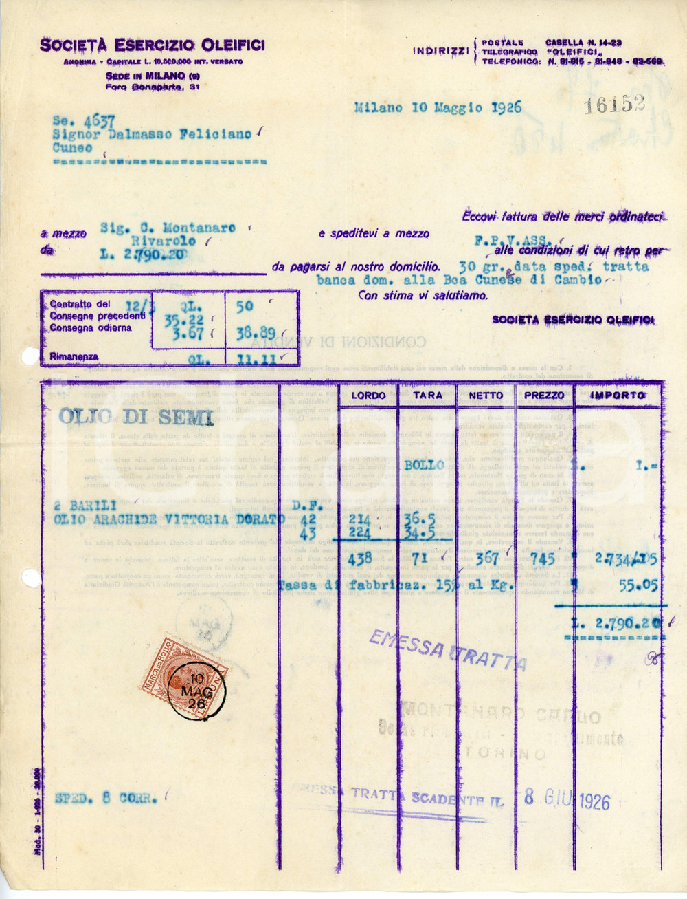 Documento originale, autentico 1926 MILANO Foro Bonaparte 31 Società Esercizio Oleifici  Fattura olio arachide 1