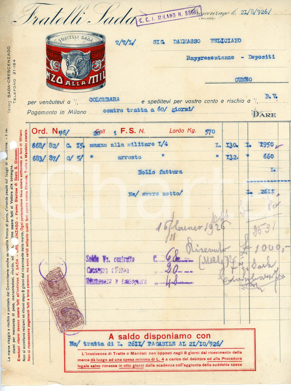 Documento originale, autentico 1926 CRESCENZAGO MI Fratelli SADA  Manzo alla militare Fattura ILLUSTRATA 1