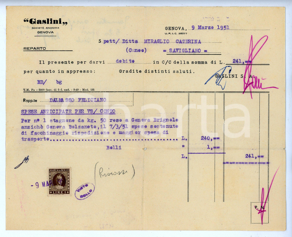 Documento originale, autentico 1951 GENOVA Società Anonima GASLINI Fattura per spese di facchinaggio 1
