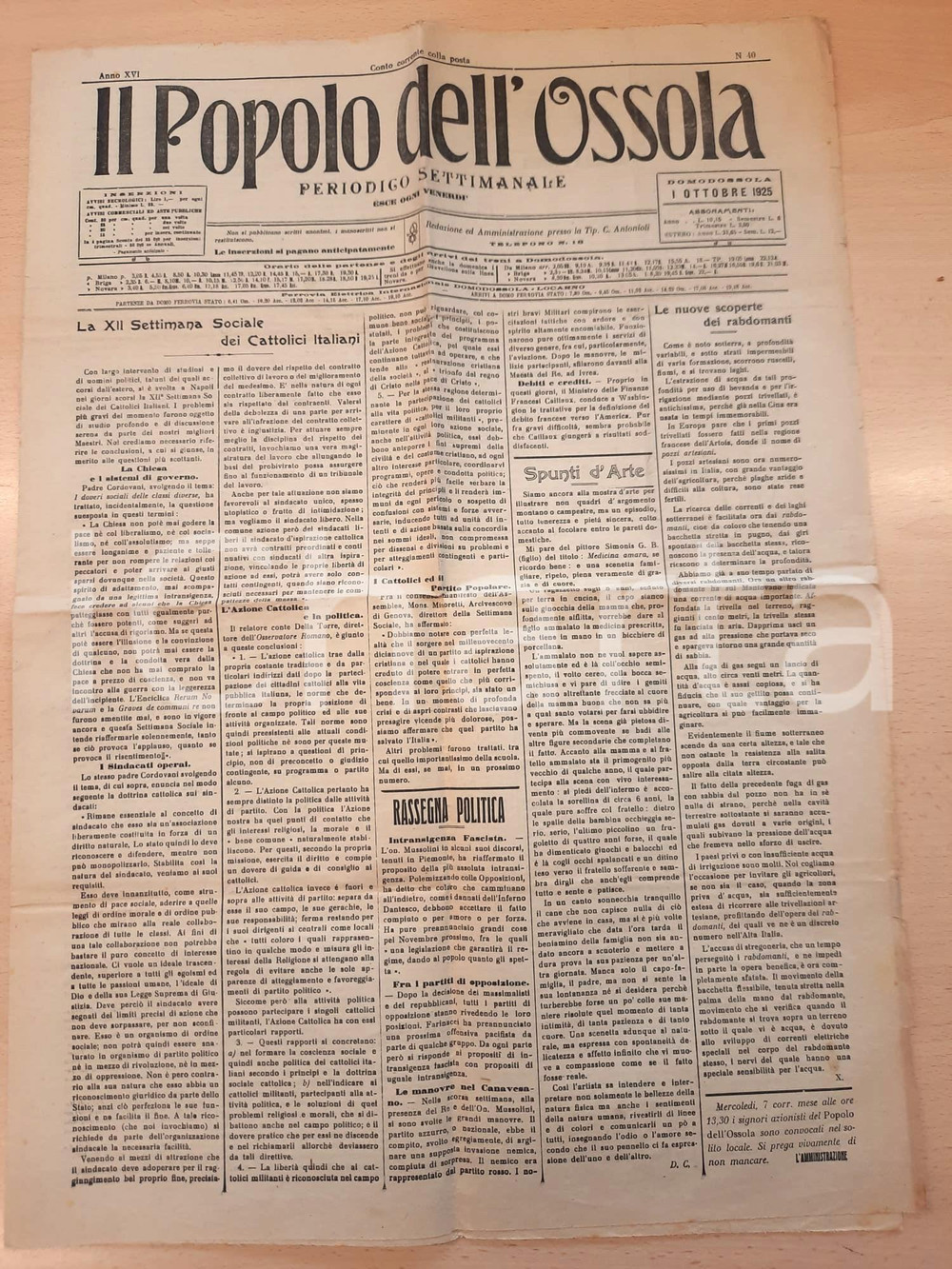 Giornale, rivista storica 1926 IL POPOLO DELL OSSOLA XII Settimana Sociale Cattolici italiani Giornale 1