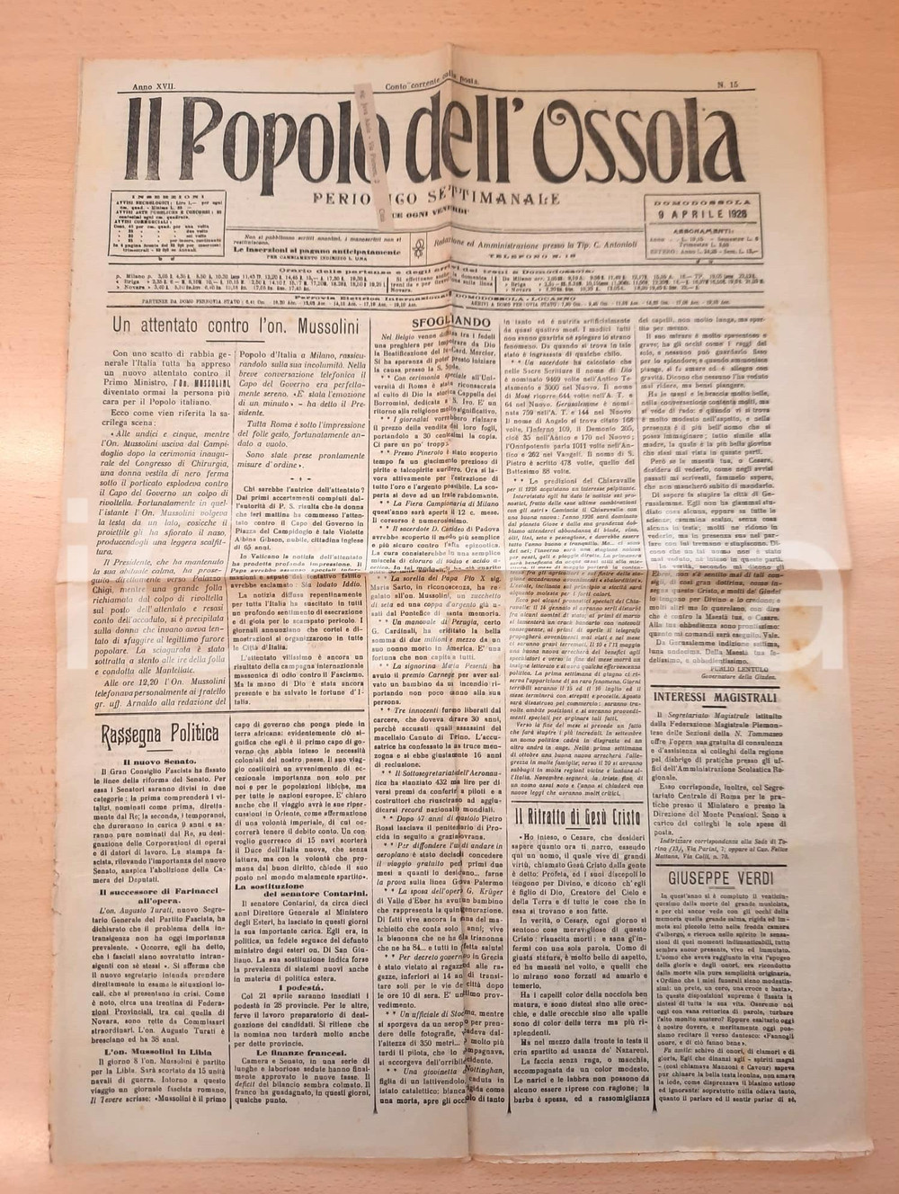 Giornale, rivista storica 1926 IL POPOLO DELL OSSOLA Attentato a Mussolini al Campidoglio Giornale 1
