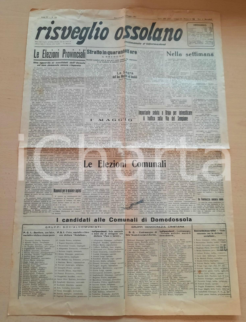 Giornale, rivista storica 1951 RISVEGLIO OSSOLANO Sagra Associazione Mutilati Invalidi OSSOLA Giornale 1