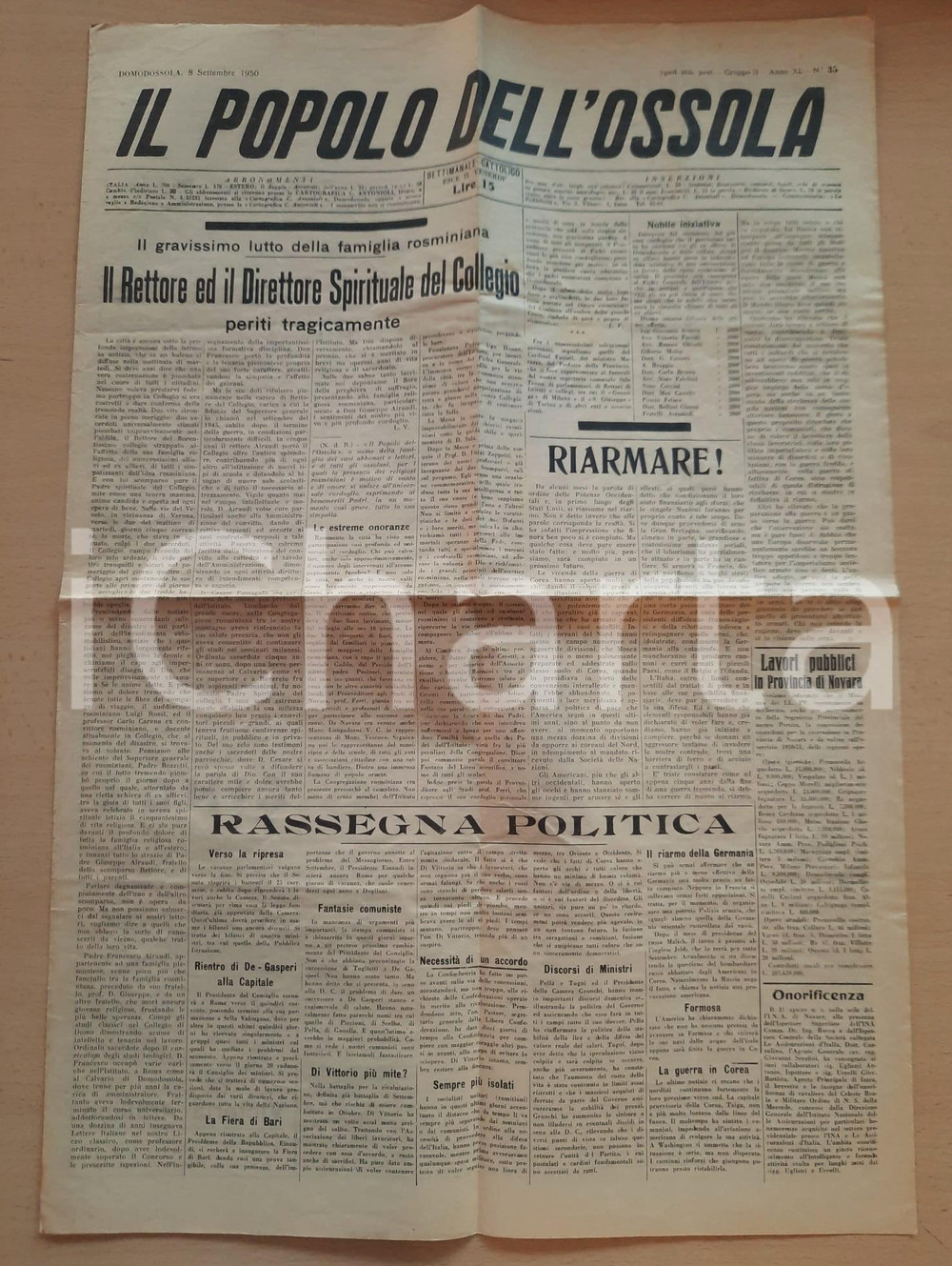 Giornale, rivista storica 1950 IL POPOLO DELL OSSOLA Incidente mortale rettore Collegio Rosmini Giornale 1