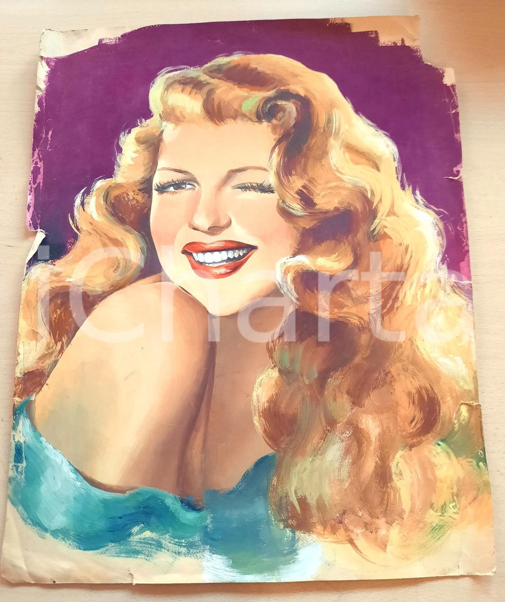 Opera d’arte autentica 1960 ca ARTE ANONIMO Ritratto di Rita HAYWORTH  Acquerello originale 37x47 cm 1