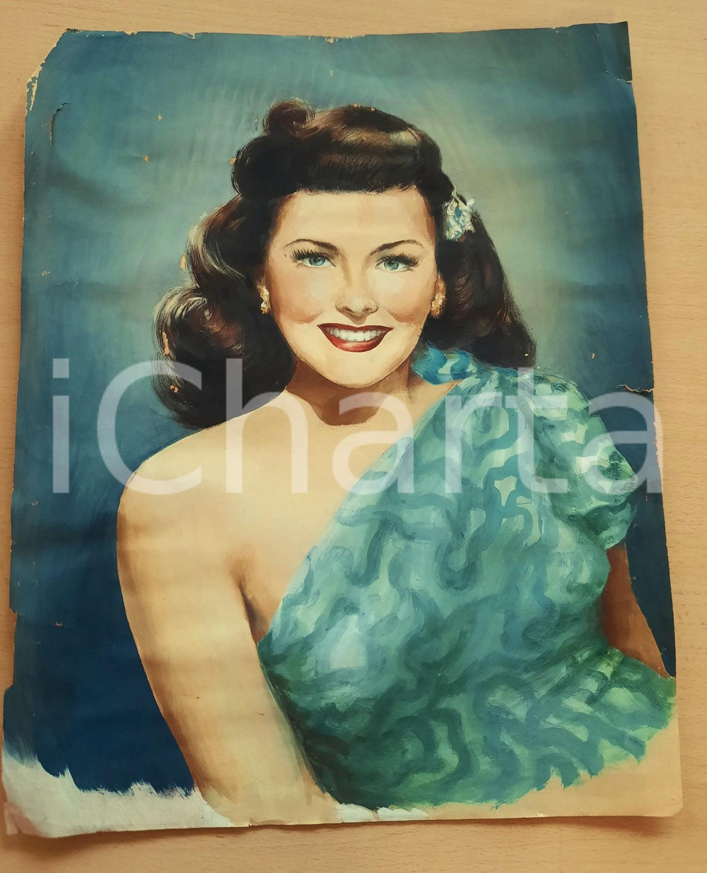 Opera d’arte autentica 1960 ca ARTE ANONIMO Ritratto di Ava GARDNER  Acquerello originale 30x38 cm 1