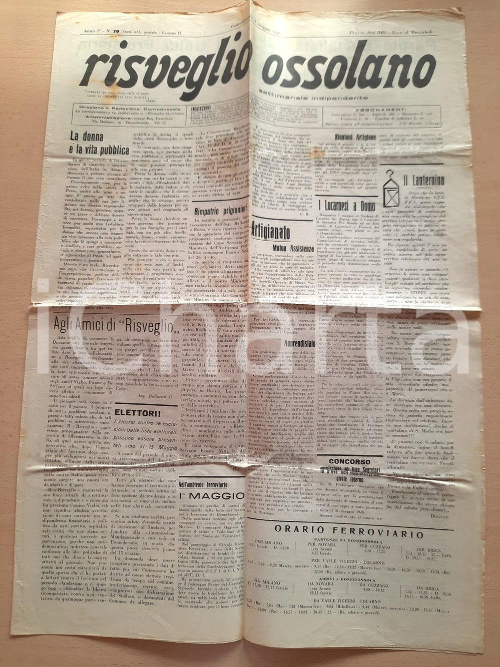 Giornale, rivista storica 1946 RISVEGLIO OSSOLANO Locarnesi a Domodossola  Rimpatrio prigionieri GIORNALE 1