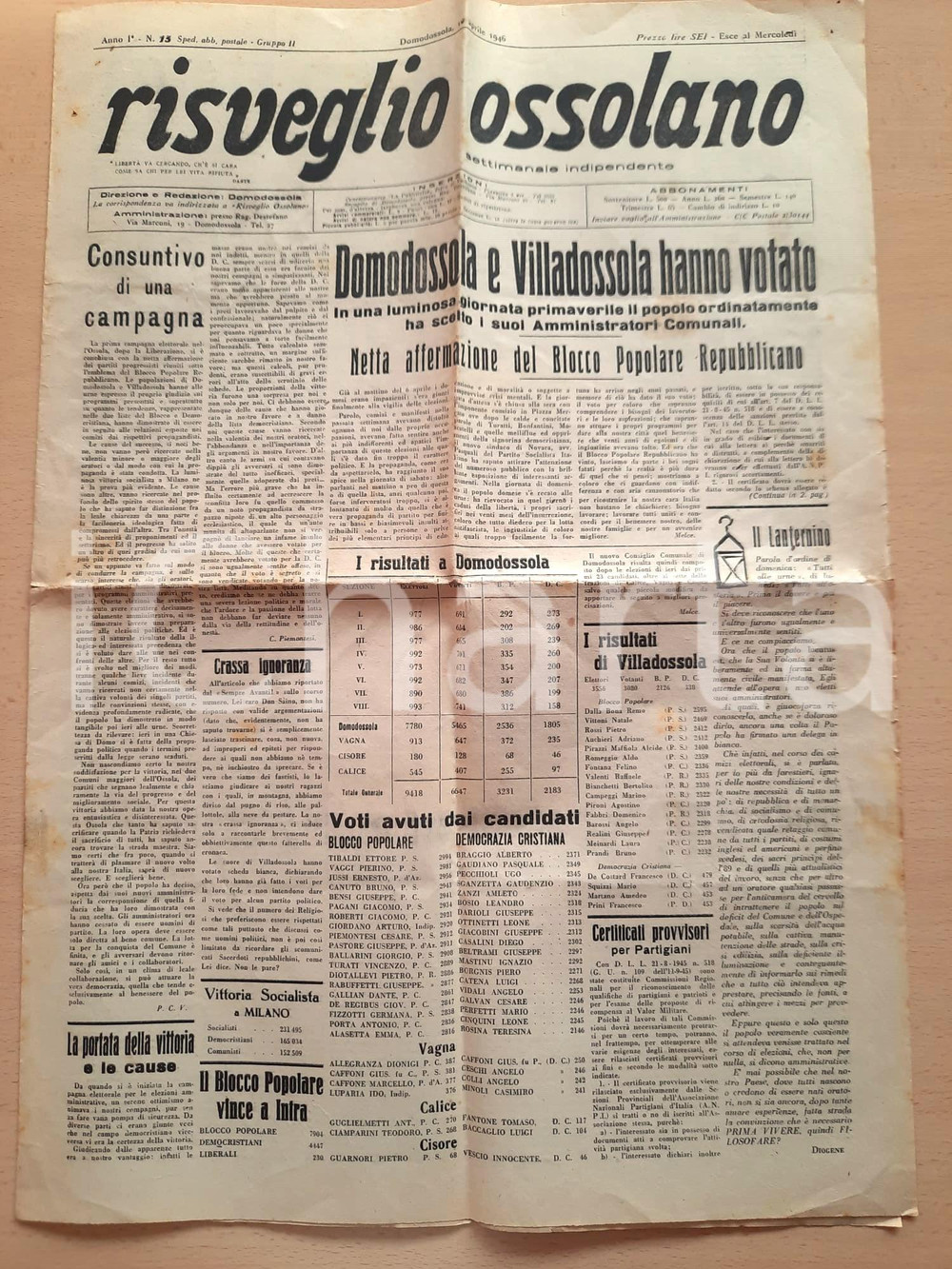 Giornale, rivista storica 1946 RISVEGLIO OSSOLANO Vittoria del Blocco Popolare Repubblicano Giornale 1