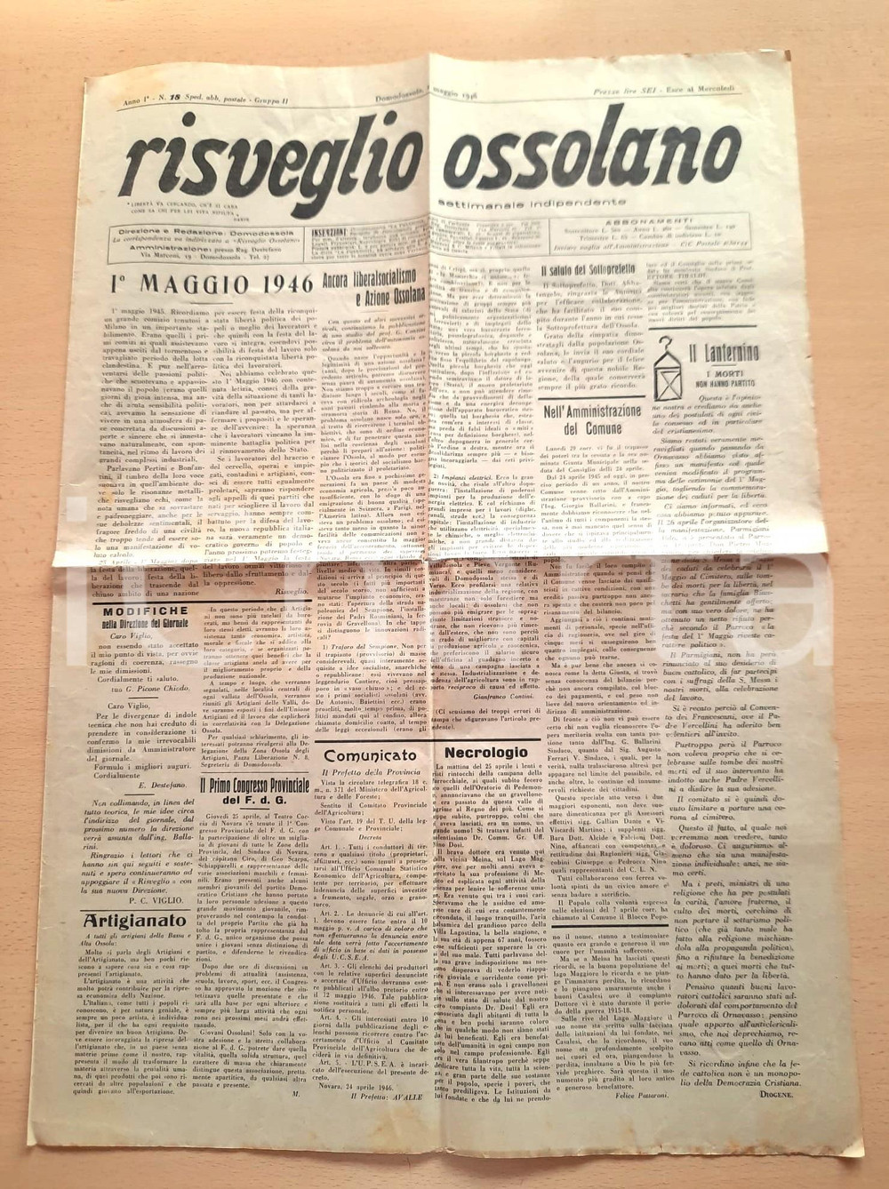 Giornale, rivista storica 1946 RISVEGLIO OSSOLANO 1°Maggio  Liberalsocialismo e Azione Ossolana Giornale 1