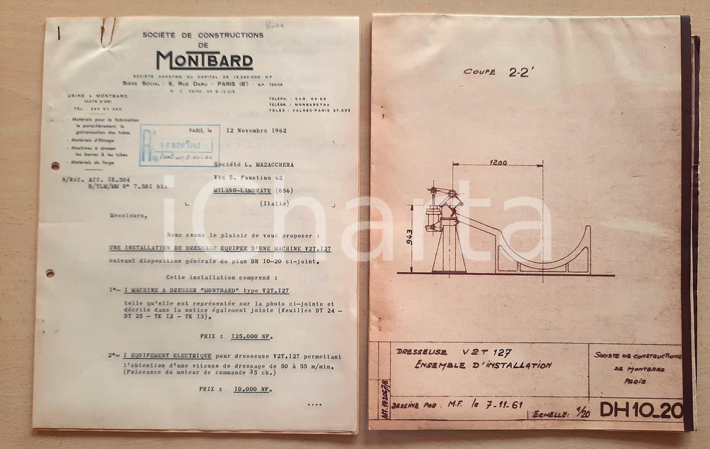 Materiale pubblicitario d’epoca 1962 Constructions MONTBARD FRANCE Machine à dresser Fascicolo con tavola 1
