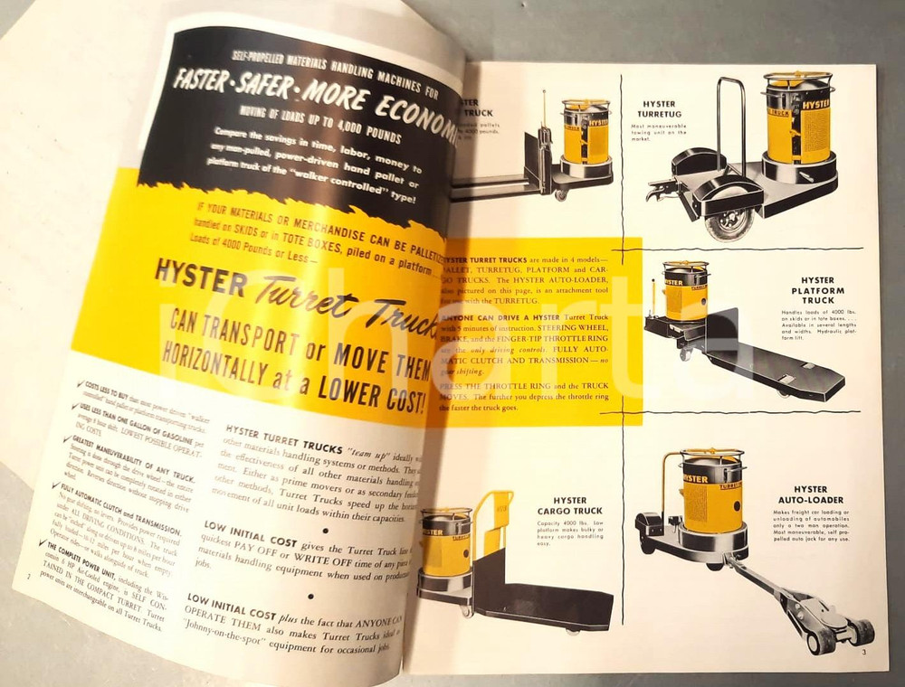 Materiale pubblicitario d’epoca 1955 USA  HYSTER COMPANY  Carrello Turret Tug Pieghevole I.M.A.I. VERCELLI 1