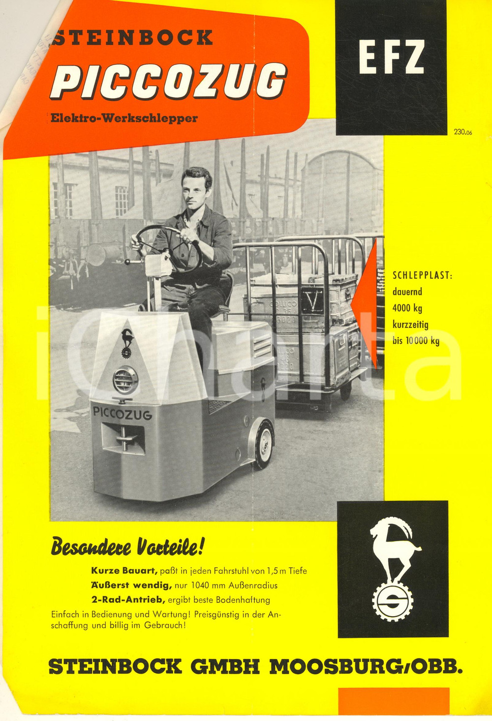 Materiale pubblicitario d’epoca 1960 MOOSBURG Ditta STEINBOCK  PICCOZUG ElektroWerkschlepper Pubblicitario 1