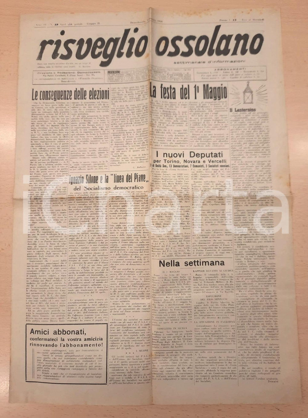 Giornale, rivista storica 1946 RISVEGLIO OSSOLANO Ignazio Silone e il socialismo democratico  Giornale 1