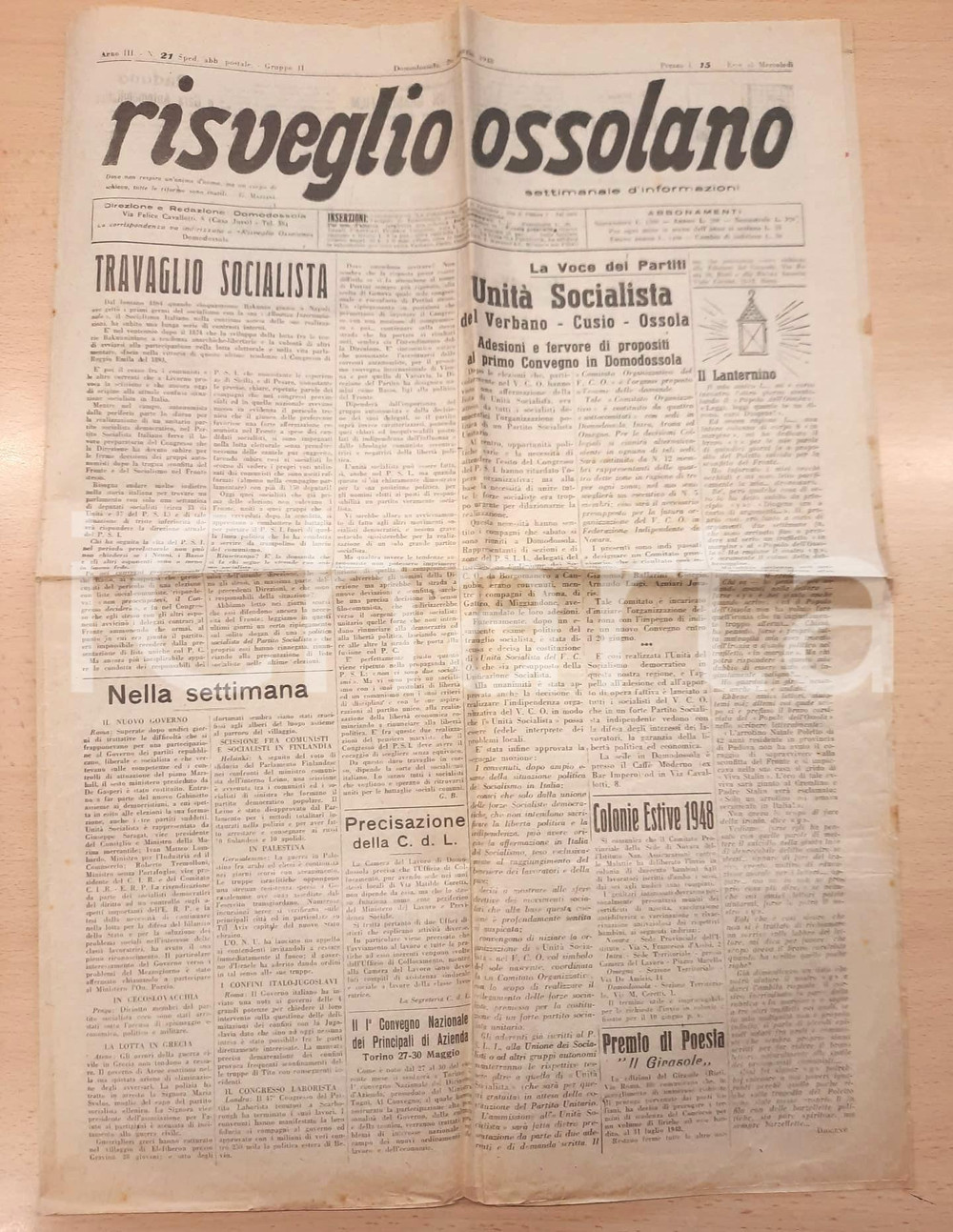 Giornale, rivista storica 1948 RISVEGLIO OSSOLANO Bruno CANUTO sindaco di Domodossola Giornale 1