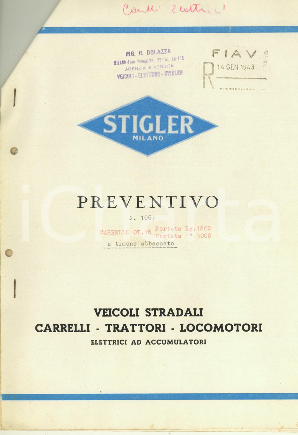 Materiale pubblicitario d’epoca 1943 MILANO Officine Meccaniche STIGLER  Preventivo carrello OT.18 Illustrato 1