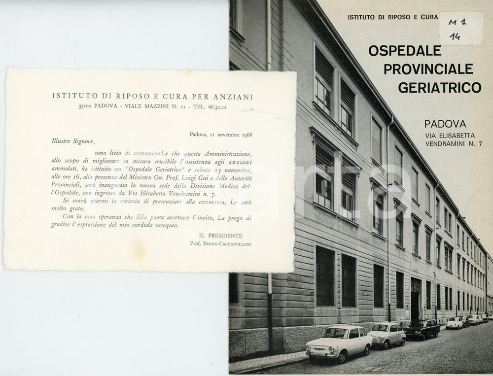 Materiale pubblicitario d’epoca 1968 PADOVA Ospedale provinciale geriatrico  Brochure e biglietto 1