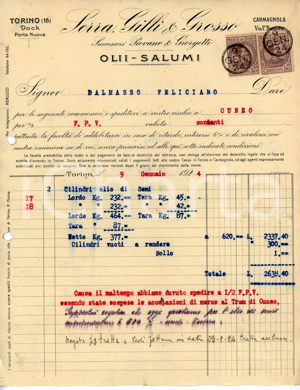 Documento originale, autentico 1924 TORINO Dock Porta Nuova SERRA, GILLI E GROSSO Olii e salumi  Fattura 1 1