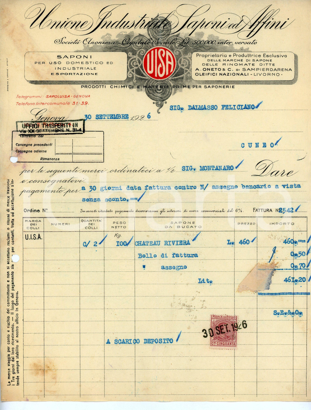 Documento originale, autentico 1926 GENOVA Unione Industriale Sapone e Affini UISA Fattura per sapone 1