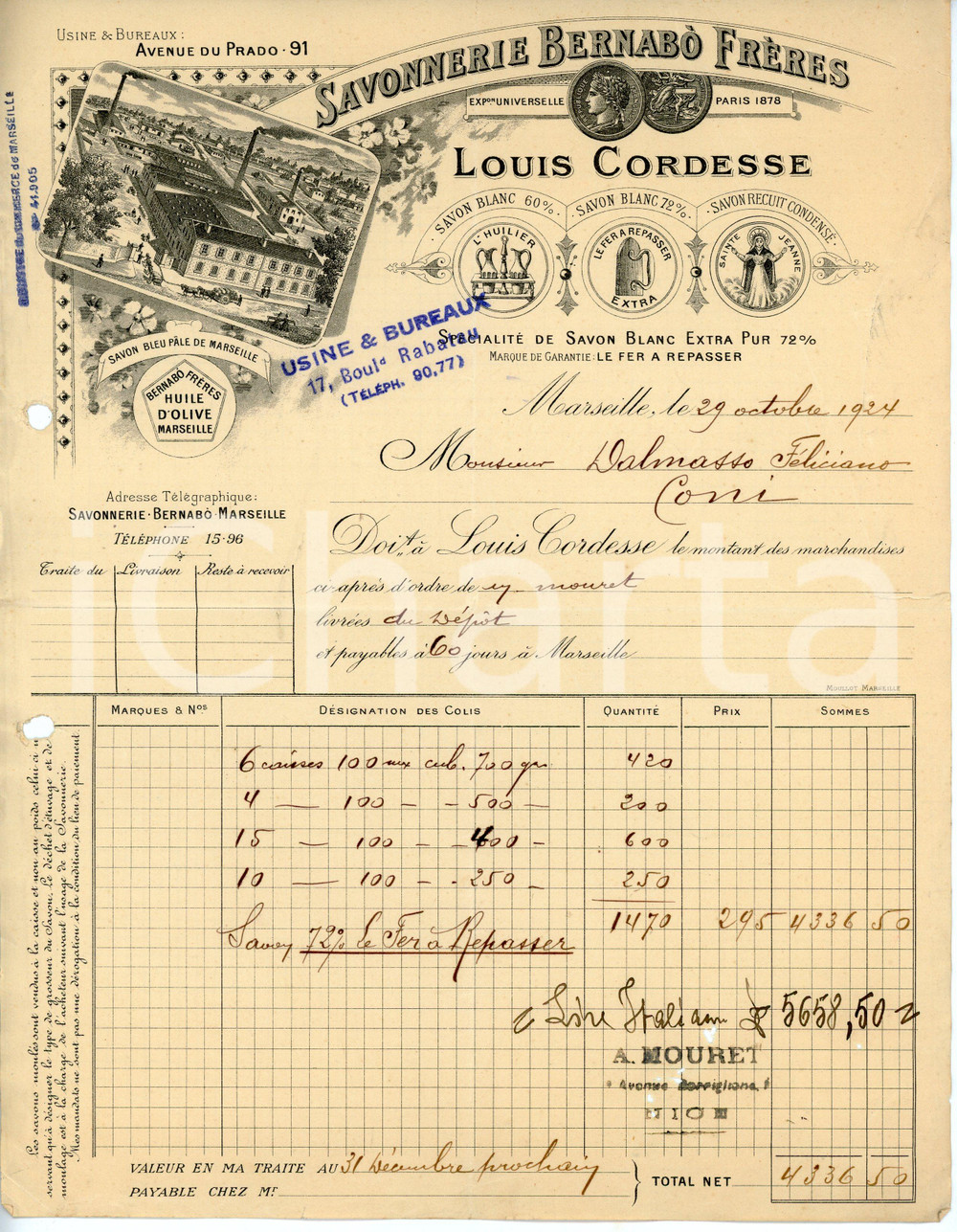 Documento originale, autentico 1924 MARSEILLE Savonnerie Bernabò Frères LOUIS CORDESSE Facture 1