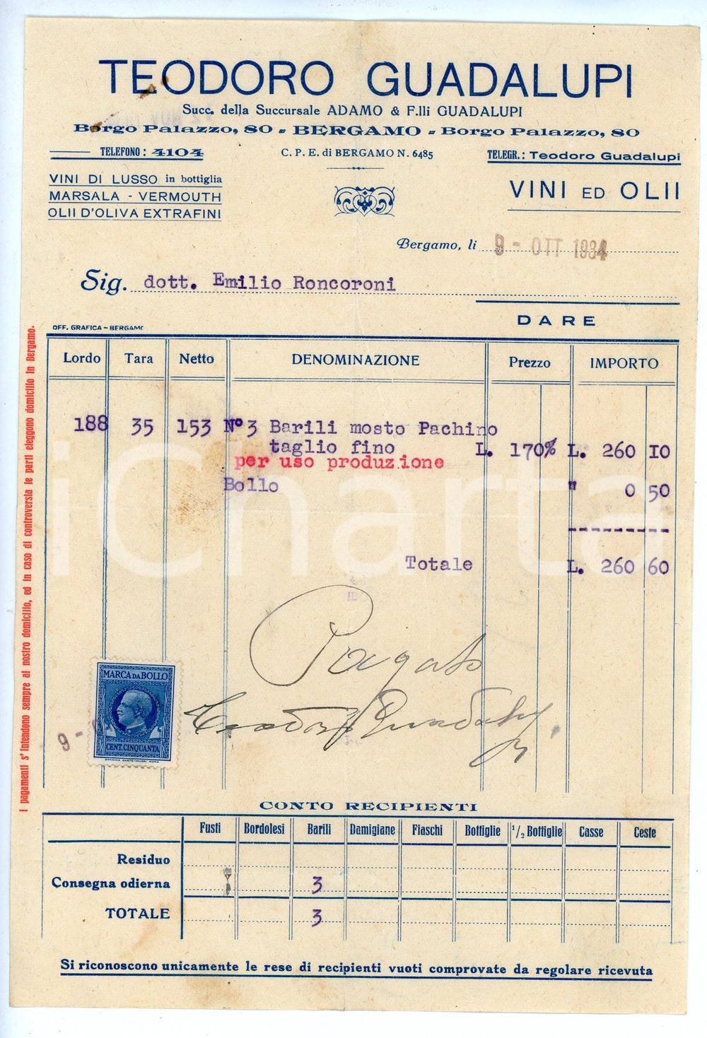 Documento originale, autentico 1934 BERGAMO Borgo Palazzo 80 Teodoro GUADALUPI Fattura per mosto pachino 1