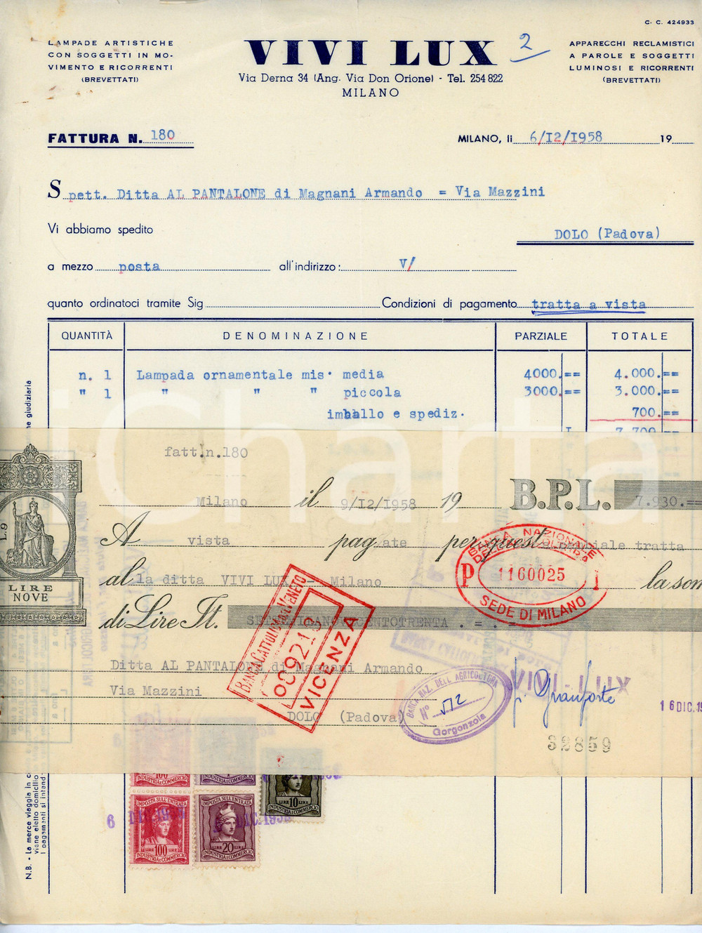 Documento originale, autentico 1958 MILANO Via Derna 34 Lampade artistiche VIVI LUX Fattura con cambiale 1