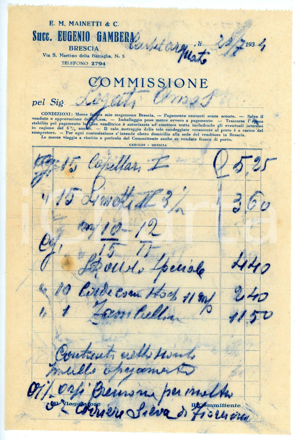 Documento originale, autentico 1934 BRESCIA Via S. Martino della Battaglia 5 Eugenio GAMBERA Ricevuta 1 1