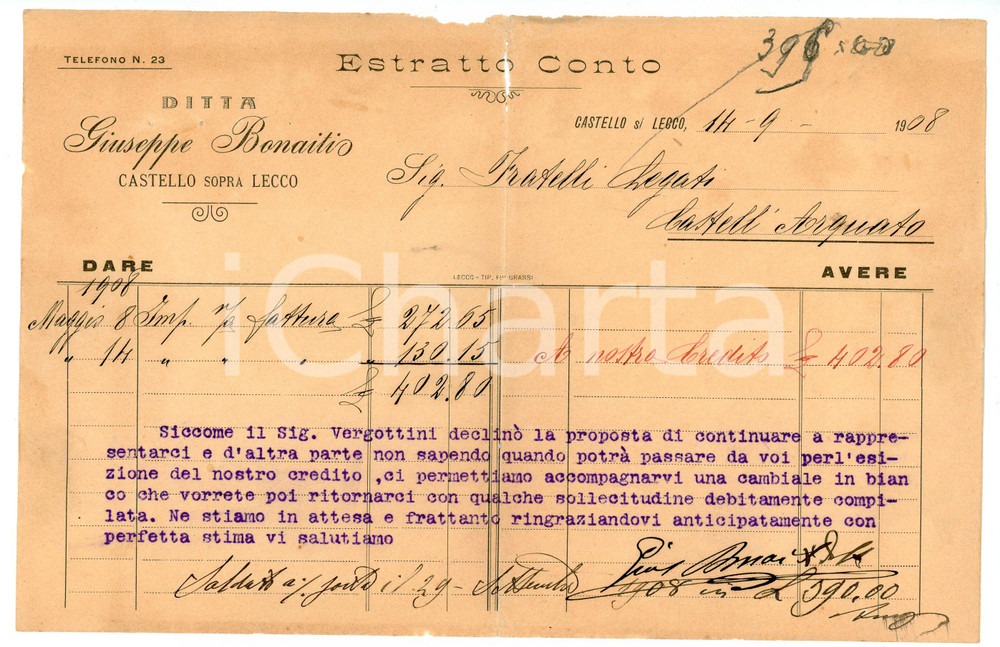 Documento originale, autentico 1908 CASTELLO LECCO Ditta Giuseppe BONAITI Lettera con estratto conto 1