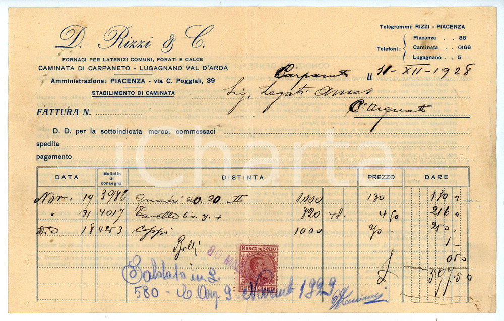 Documento originale, autentico 1928 CAMINATA DI CARPANETO Fornaci per laterizi D. RIZZI Fattura per coppi 1