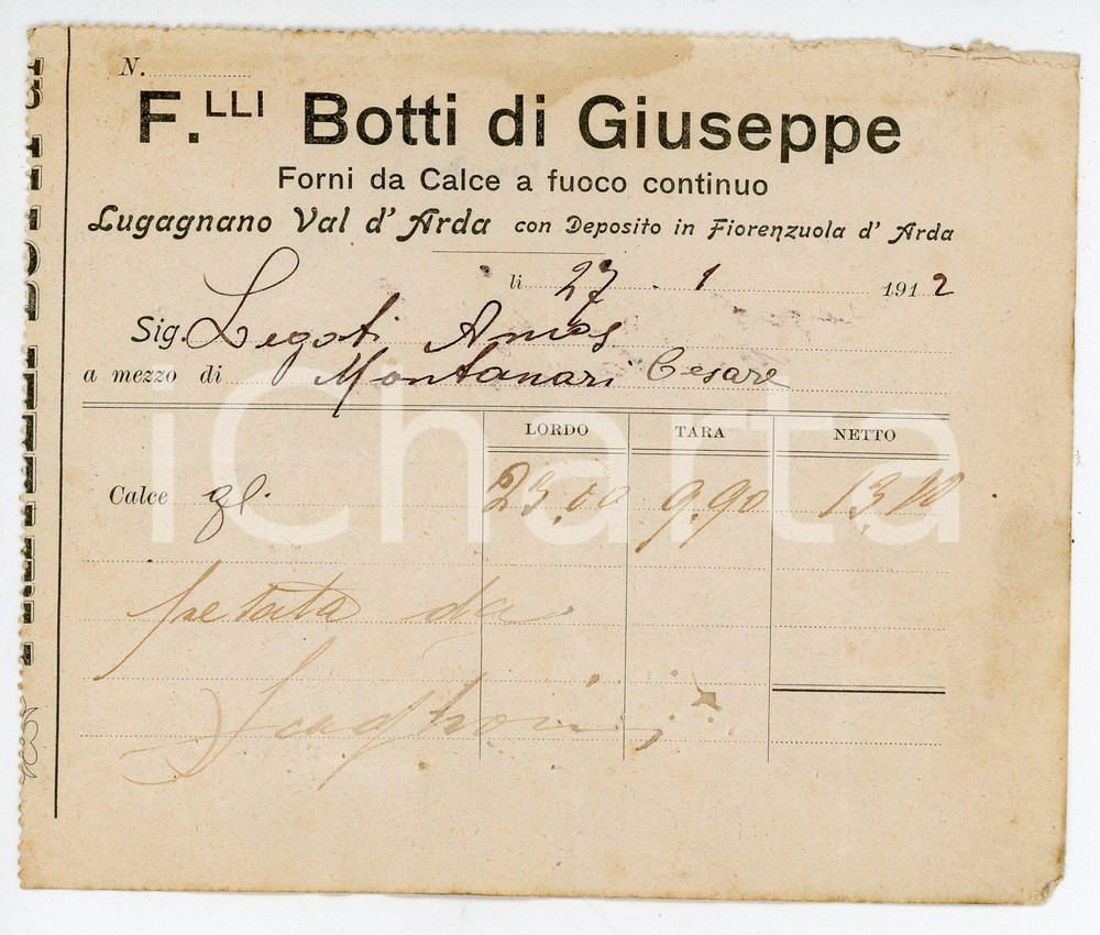 Documento originale, autentico 1912 LUGAGNANO D ARDA PC Fratelli BOTTI di Giuseppe  Forni da calce Bolla 1